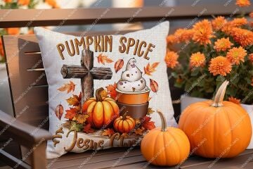Pumpkin Spice & Jesus Christ – Sonbahar Temalı Dijital Baskı Kırlent Kılıfı – 2’li 45x45 cm Kumaş