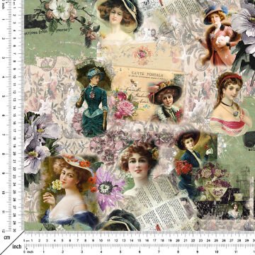 Eskitme Zeminli Vintage Kadınlar Desenli Kumaş