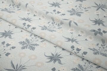 Gri Vintage Botanik Desenli Kumaş – Minimal Çiçek Motifli Dijital Baskılı Dekoratif Döşemelik Kumaş