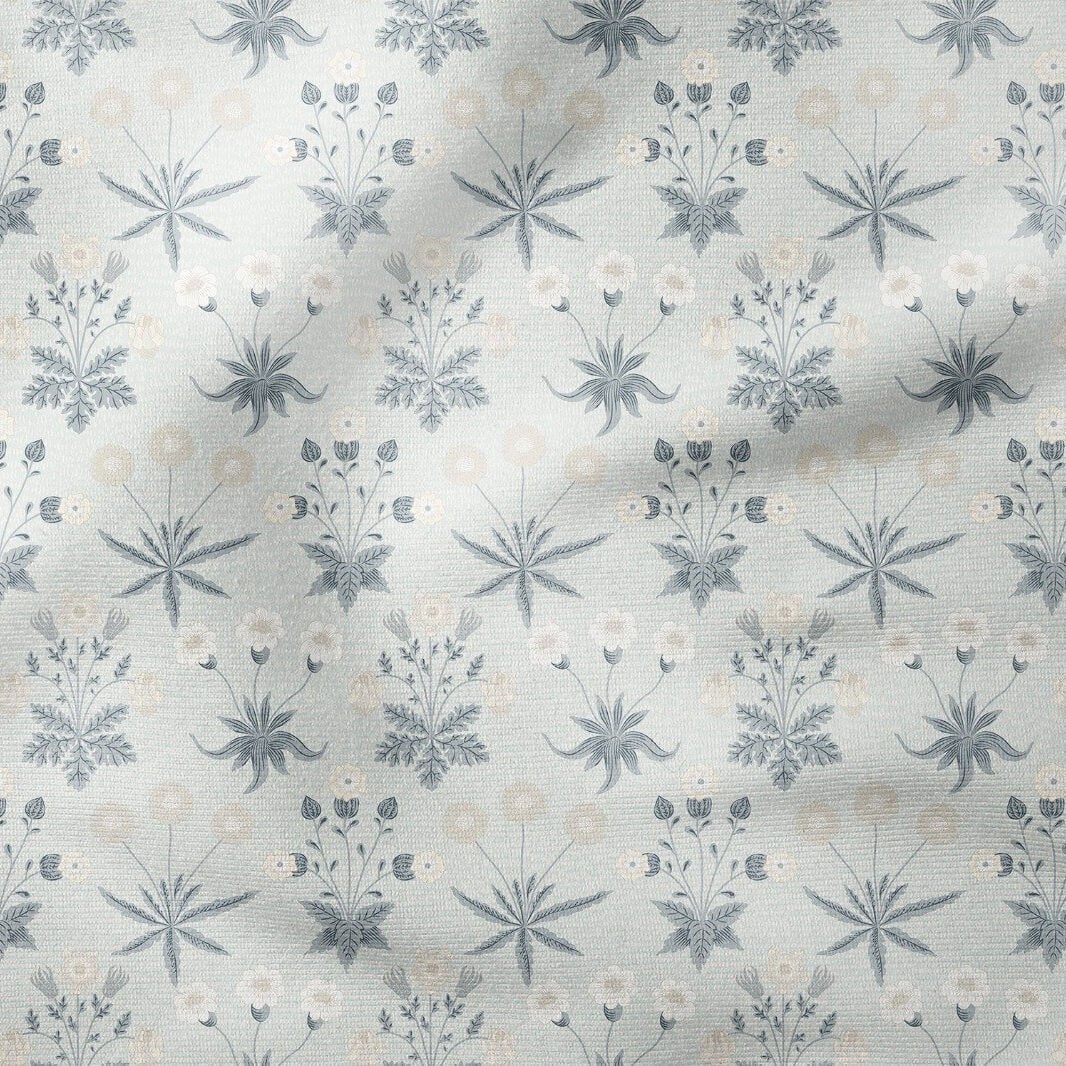 Gri Vintage Botanik Desenli Kumaş – Minimal Çiçek Motifli Dijital Baskılı Dekoratif Döşemelik Kumaş