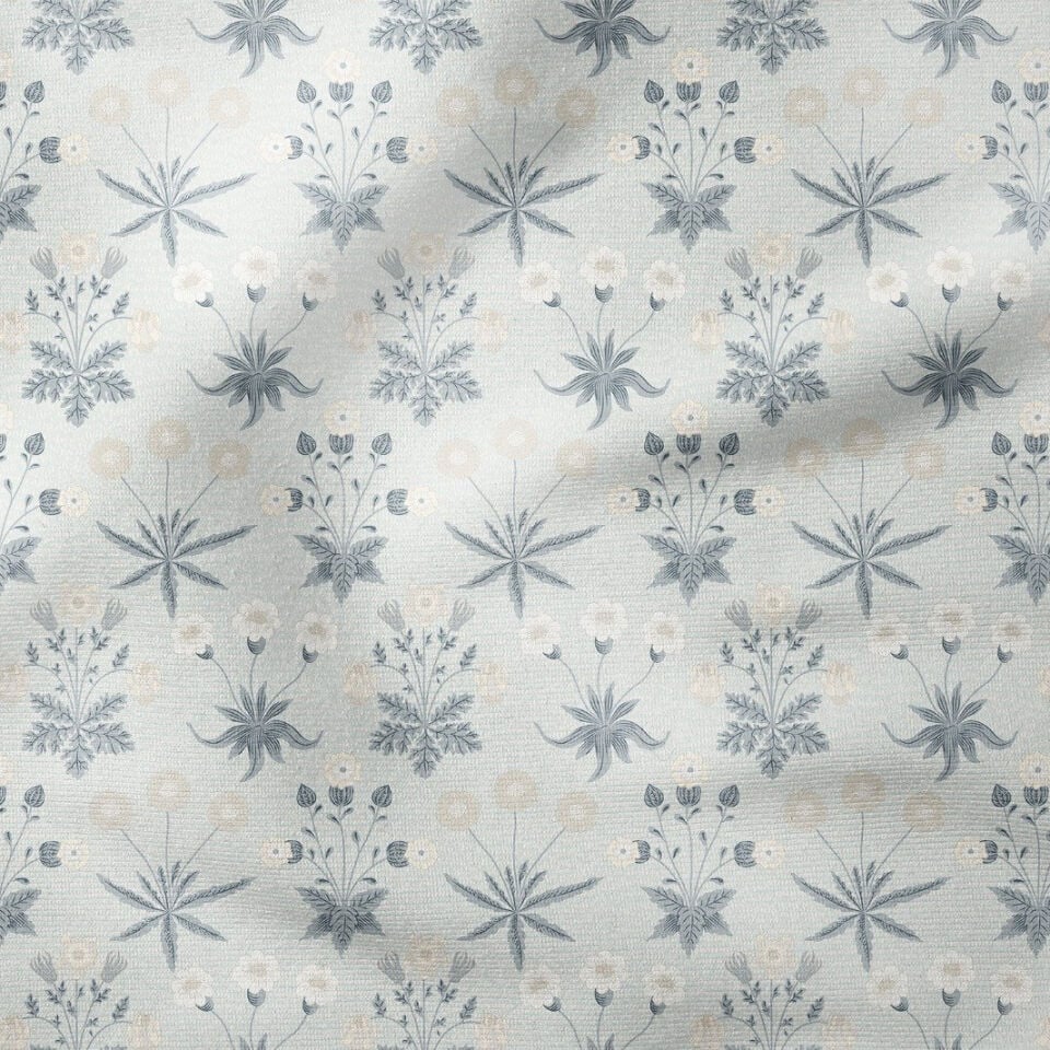 Gri Vintage Botanik Desenli Kumaş – Minimal Çiçek Motifli Dijital Baskılı Dekoratif Döşemelik Kumaş
