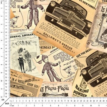 Eski Gazete Güpürleri ve Vintage Araçlar Patchwork Desenli Kumaş