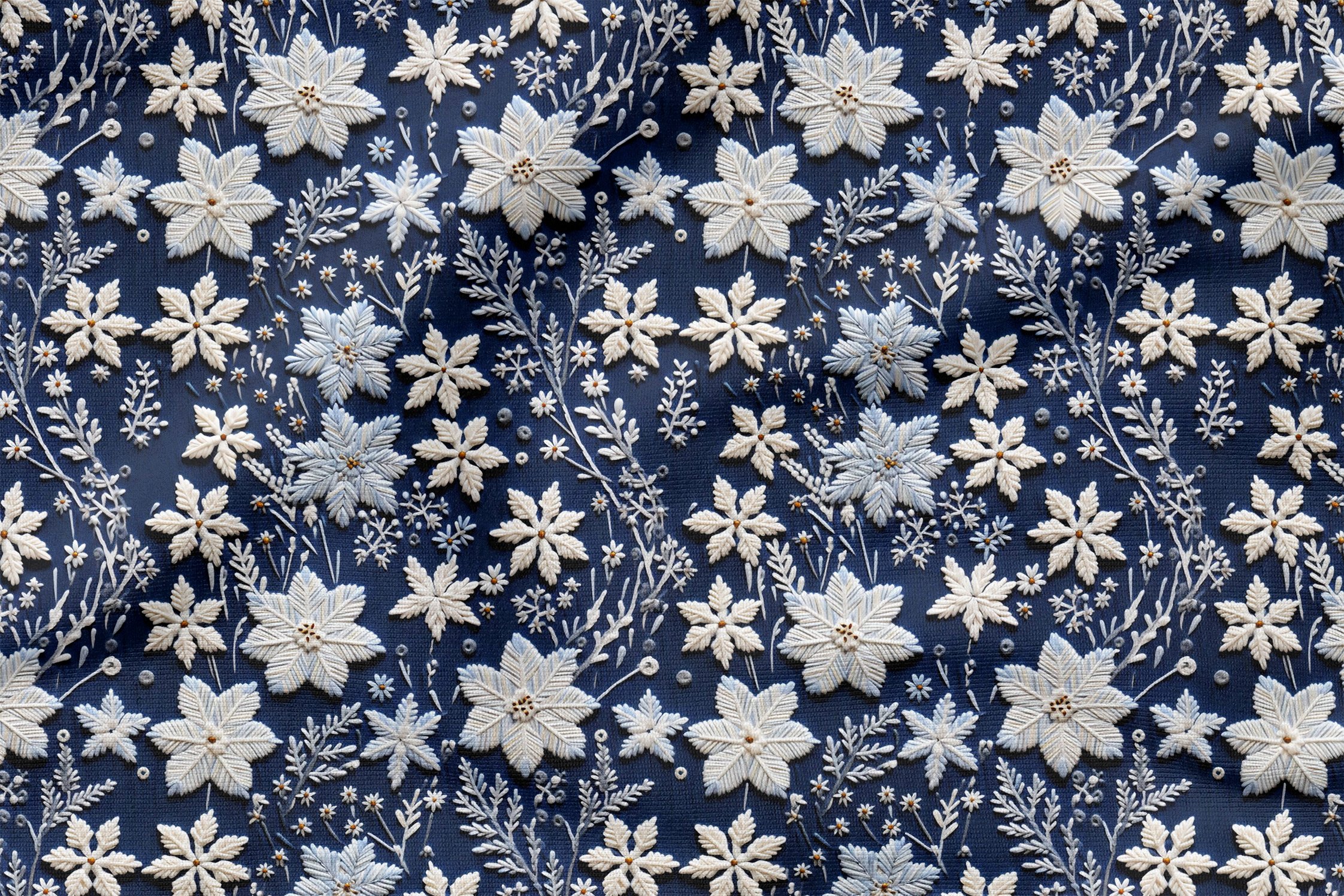 Christmas Collection - 3D Embroidery Effect Navy Blue Background White Snowflakes Multi-Purpose Decorative Digital Printing Fabric