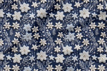 Christmas Collection - 3D Embroidery Effect Navy Blue Background White Snowflakes Multi-Purpose Decorative Digital Printing Fabric