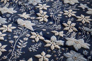 Christmas Collection - 3D Embroidery Effect Navy Blue Background White Snowflakes Multi-Purpose Decorative Digital Printing Fabric