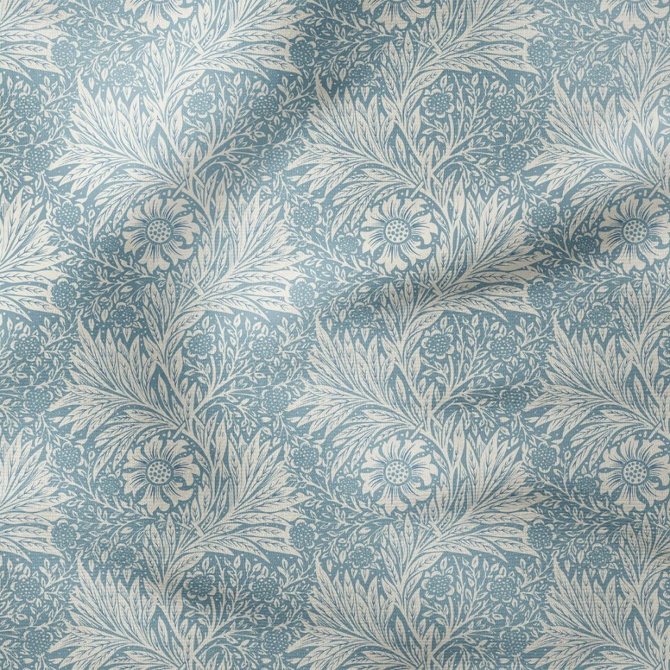 Mavi Vintage Botanik Desenli Kumaş – William Morris Stilinde Dijital Baskılı Dekoratif Döşemelik Kumaş