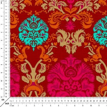 Kırmızı Zeminli Damask Desenli Dijital Baskılı Kumaş