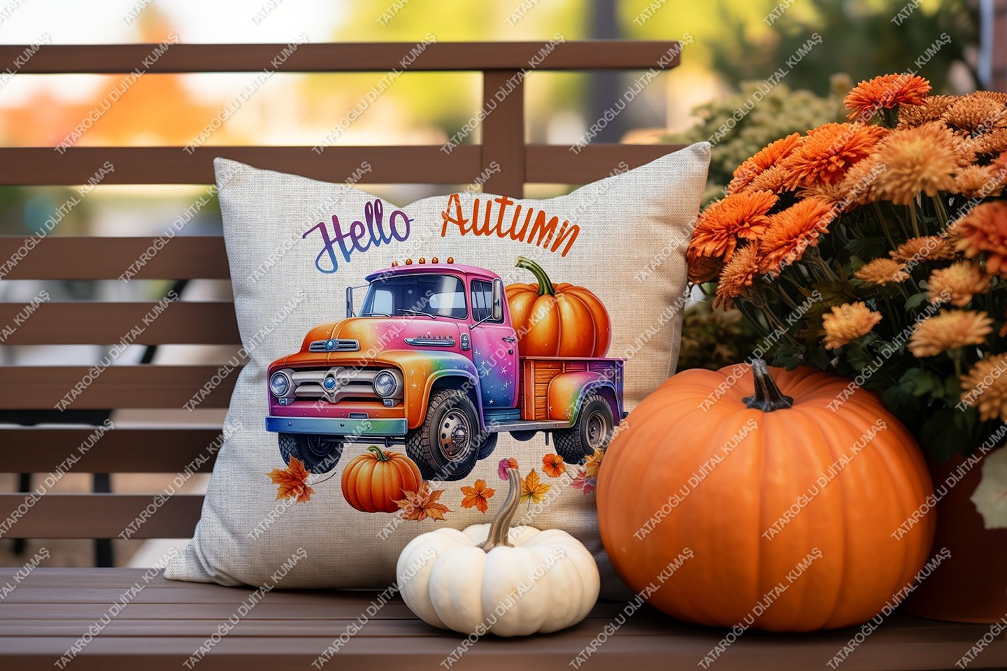 Hello Autumn – Sonbahar Temalı Dijital Baskı Kırlent Kılıfı – 2’li 45x45 cm Kumaş
