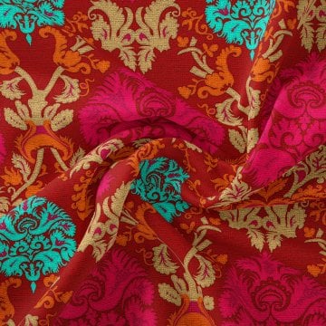 Kırmızı Zeminli Damask Desenli Dijital Baskılı Kumaş