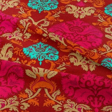 Kırmızı Zeminli Damask Desenli Dijital Baskılı Kumaş