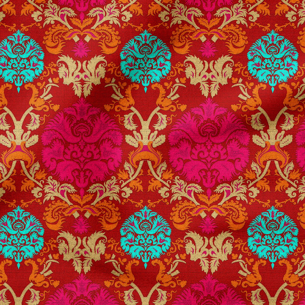 Kırmızı Zeminli Damask Desenli Dijital Baskılı Kumaş