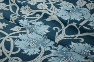 Lacivert Vintage Çiçek Desenli Kumaş – William Morris Stilinde Dijital Baskılı Dekoratif Döşemelik Kumaş