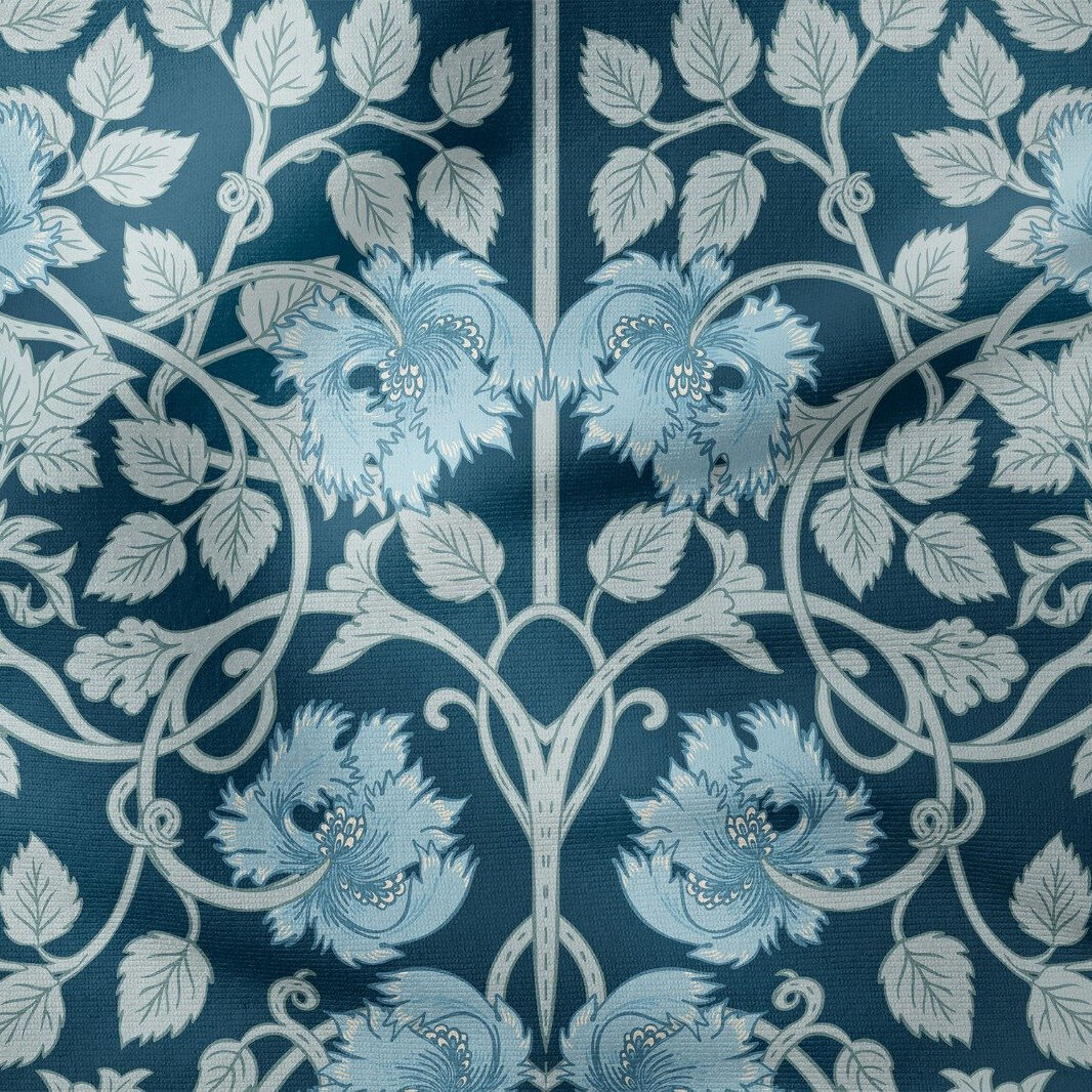 Lacivert Vintage Çiçek Desenli Kumaş – William Morris Stilinde Dijital Baskılı Dekoratif Döşemelik Kumaş