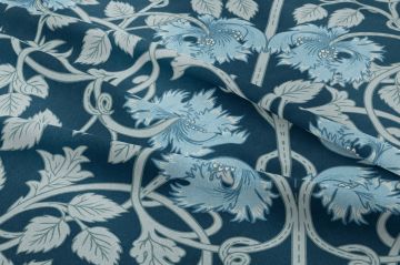 Lacivert Vintage Çiçek Desenli Kumaş – William Morris Stilinde Dijital Baskılı Dekoratif Döşemelik Kumaş