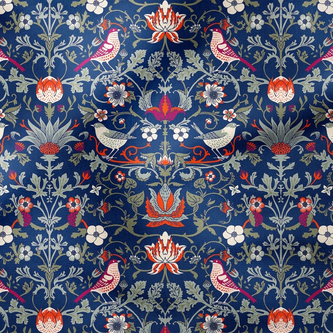 Lacivert Kuşlu Botanik Desenli Kumaş – William Morris Stilinde Dijital Baskılı Dekoratif Döşemelik Kumaş