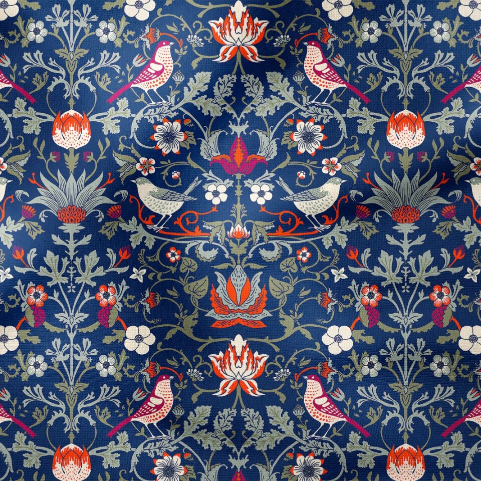 Lacivert Kuşlu Botanik Desenli Kumaş – William Morris Stilinde Dijital Baskılı Dekoratif Döşemelik Kumaş