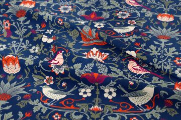 Lacivert Kuşlu Botanik Desenli Kumaş – William Morris Stilinde Dijital Baskılı Dekoratif Döşemelik Kumaş