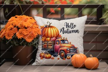 Hello Autumn – Sonbahar Temalı Dijital Baskı Kırlent Kılıfı – 2’li 45x45 cm Kumaş