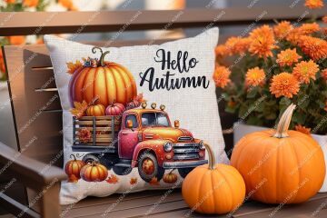 Hello Autumn – Sonbahar Temalı Dijital Baskı Kırlent Kılıfı – 2’li 45x45 cm Kumaş
