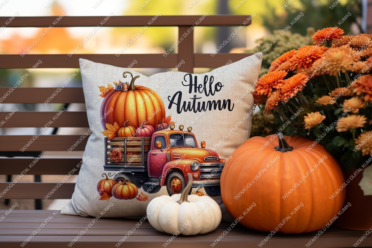 Hello Autumn – Sonbahar Temalı Dijital Baskı Kırlent Kılıfı – 2’li 45x45 cm Kumaş