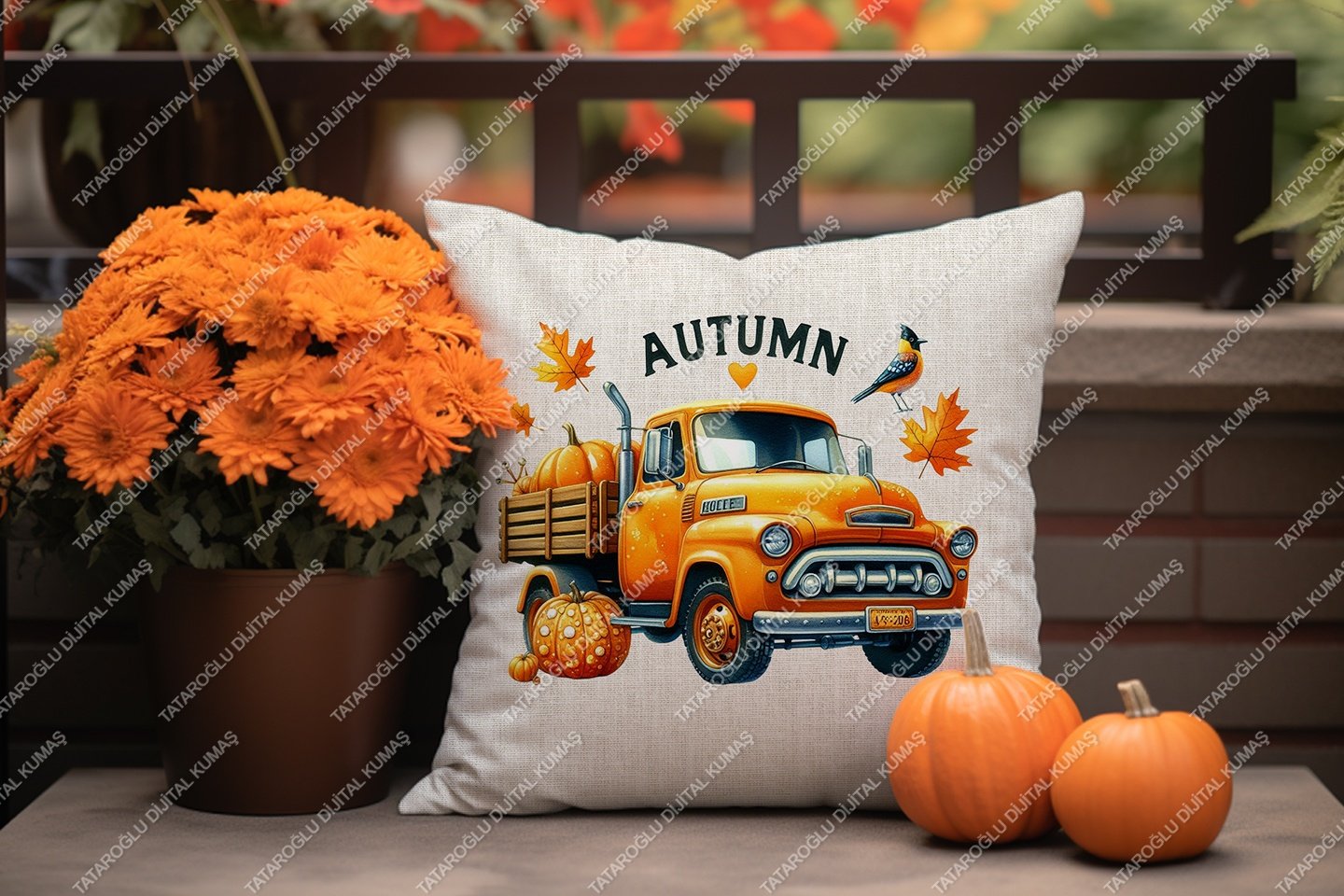 Hello Autumn – Sonbahar Temalı Dijital Baskı Kırlent Kılıfı – 2’li 45x45 cm Kumaş