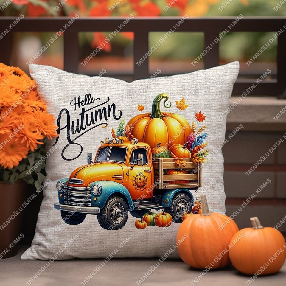 Hello Autumn – Sonbahar Temalı Dijital Baskı Kırlent Kılıfı – 2’li 45x45 cm Kumaş