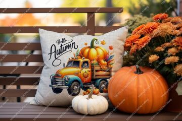 Hello Autumn – Sonbahar Temalı Dijital Baskı Kırlent Kılıfı – 2’li 45x45 cm Kumaş