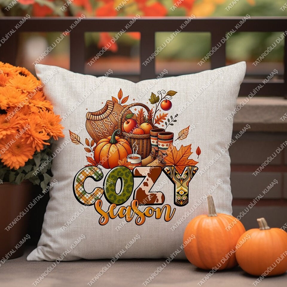 Cozy Season – Sonbahar Temalı Dijital Baskı Kırlent Kılıfı – 2’li 45x45 cm Kumaş