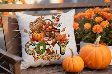Cozy Season – Sonbahar Temalı Dijital Baskı Kırlent Kılıfı – 2’li 45x45 cm Kumaş