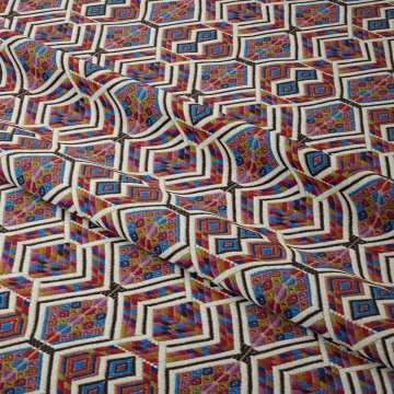 Dokuma Kilim Efektli Kırmızı Mavi Geometrik Etnik Tasarım Kumaş