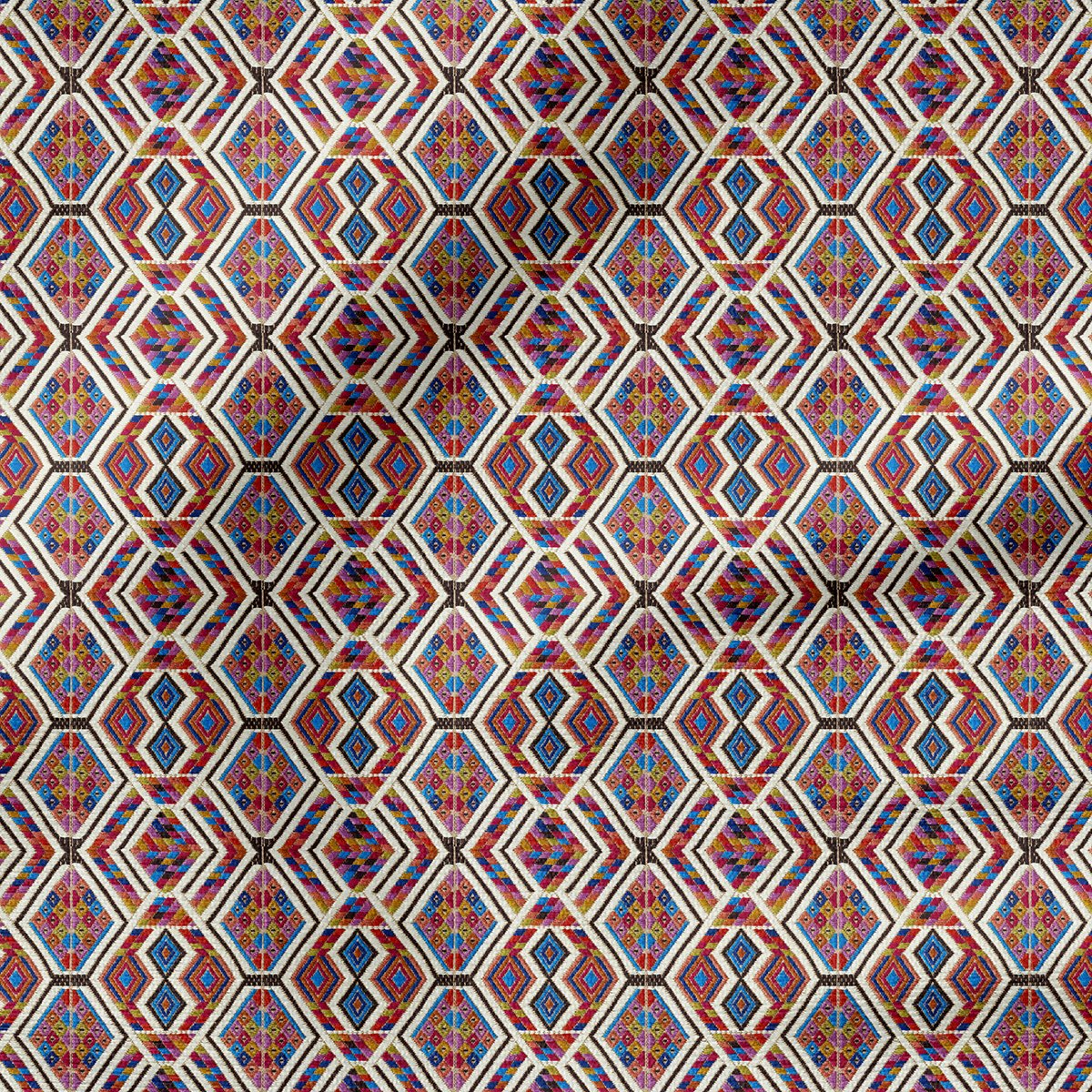 Dokuma Kilim Efektli Kırmızı Mavi Geometrik Etnik Tasarım Kumaş