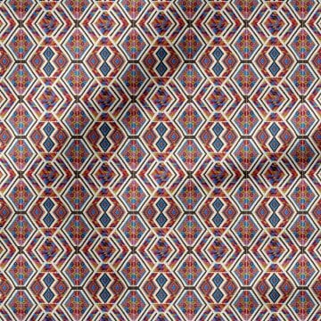 Woven Kilim Effect Red Blue Geometric Ethnic Design Fabric