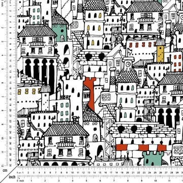 Siyah Beyaz Çerçeveli Renkli Duvarlı Ev Desenli Kumaş