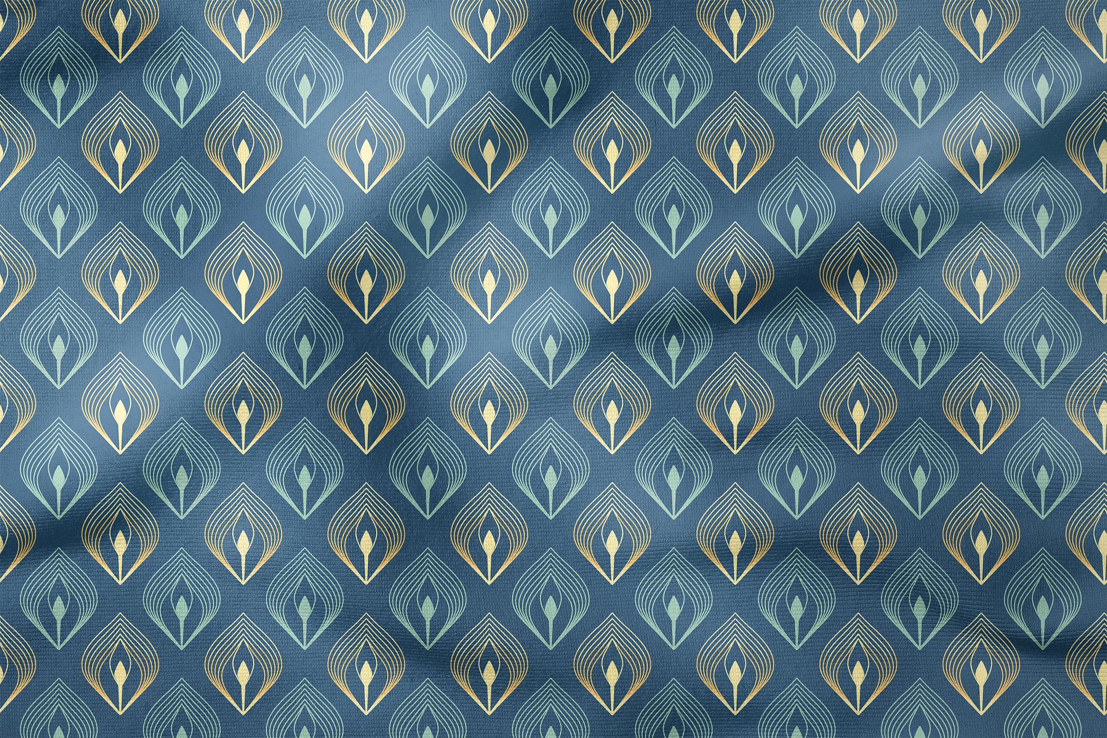 Koyu Mavi Zeminli Art Deco Stili Geometrik Desenli Kumaş