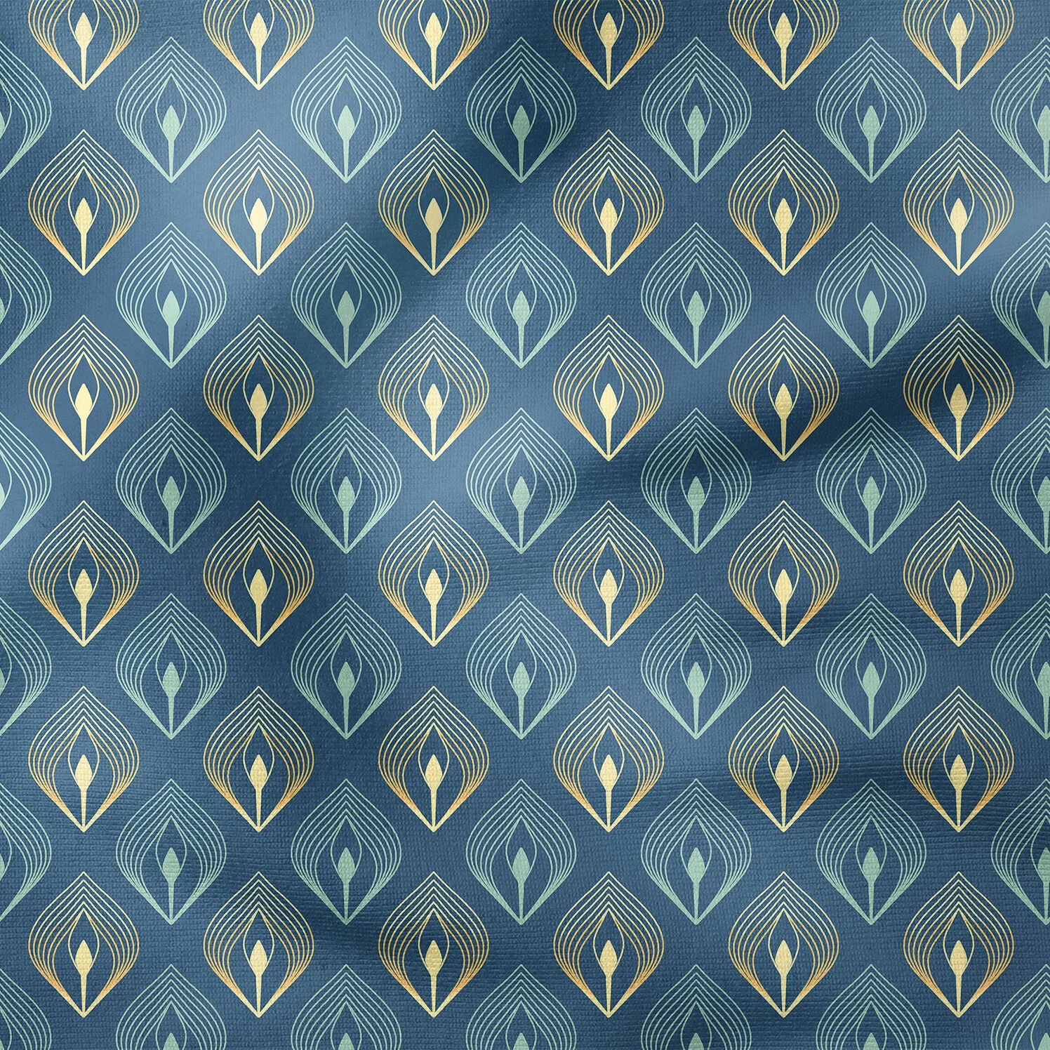 Koyu Mavi Zeminli Art Deco Stili Geometrik Desenli Kumaş