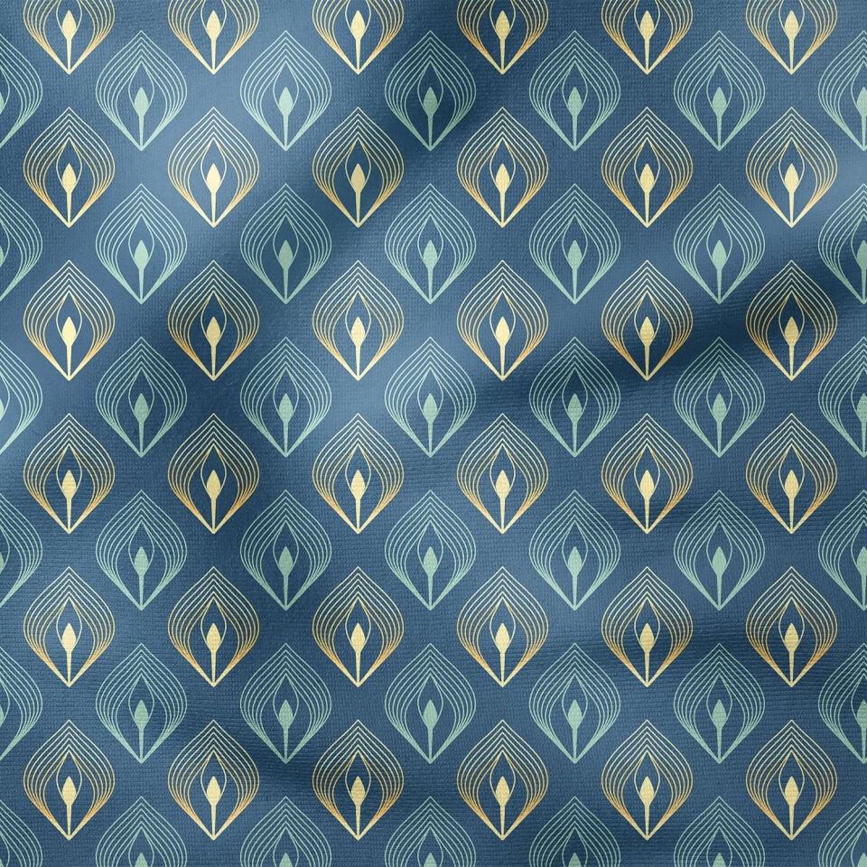 Koyu Mavi Zeminli Art Deco Stili Geometrik Desenli Kumaş