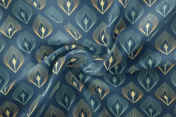 Koyu Mavi Zeminli Art Deco Stili Geometrik Desenli Kumaş