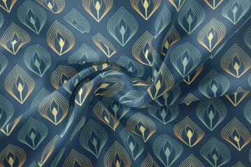 Koyu Mavi Zeminli Art Deco Stili Geometrik Desenli Kumaş