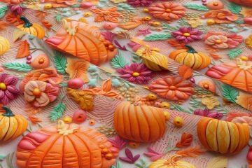 Sonbahar Kabak ve Çiçek Desenli Dijital Baskı Kumaş – Dekoratif Polyester