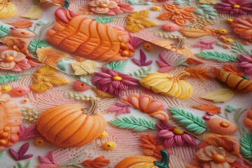 Sonbahar Kabak ve Çiçek Desenli Dijital Baskı Kumaş – Dekoratif Polyester