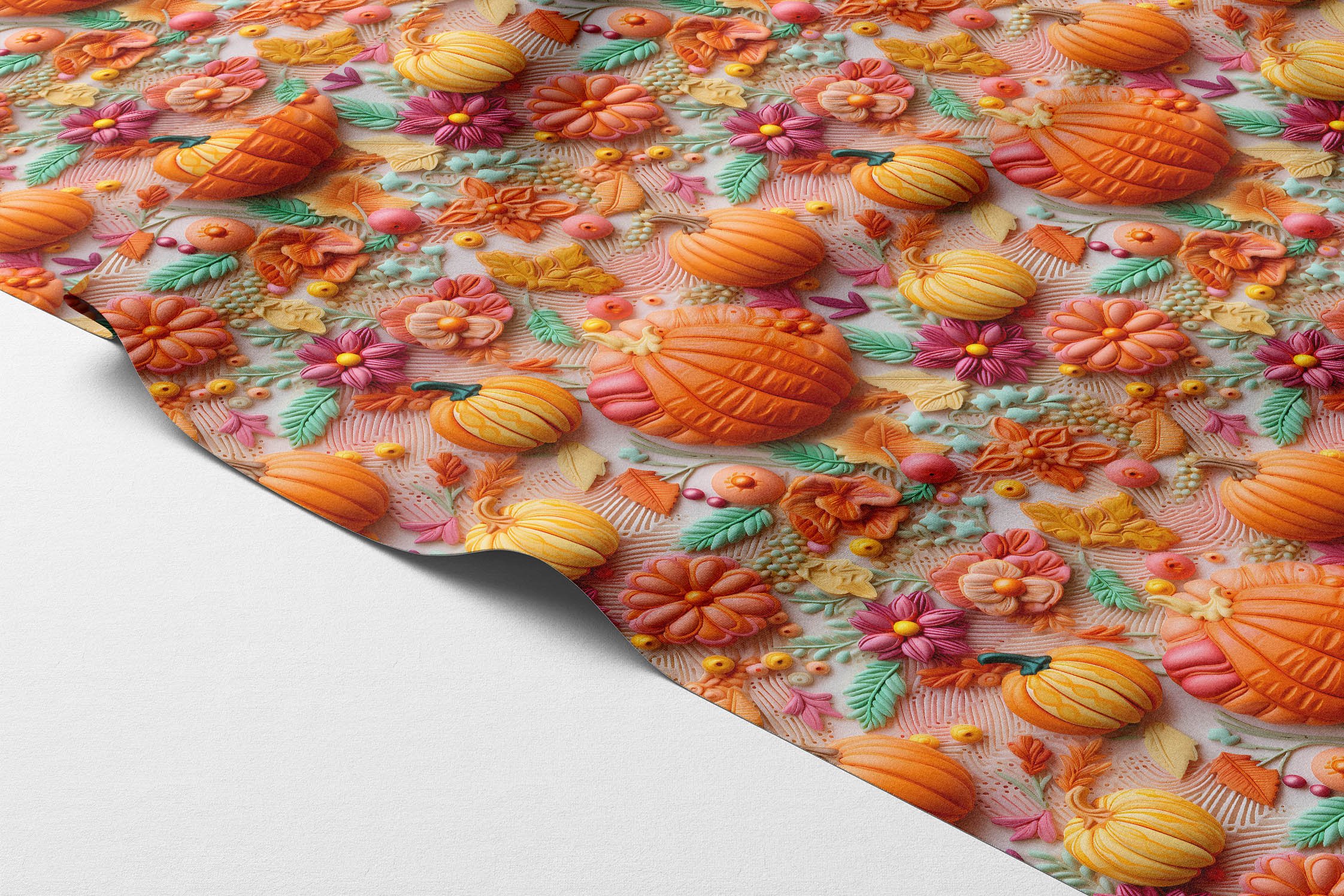 Sonbahar Kabak ve Çiçek Desenli Dijital Baskı Kumaş – Dekoratif Polyester