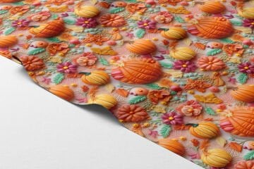 Sonbahar Kabak ve Çiçek Desenli Dijital Baskı Kumaş – Dekoratif Polyester