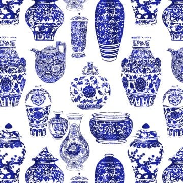 Beyaz Zemin Üzerine Saks Mavi Vazo Desenli Kumaş
