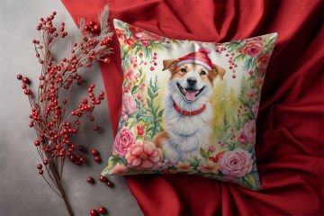 Yılbaşı Koleksiyonu- Christmas Dog Çiçekler İçinde Yılbaşı Kostümlü Köpek 2'li Kumaş Kırlent Paneli Dikilmemiş