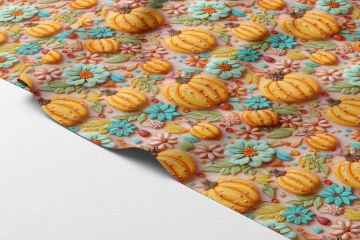 3D Balkabağı Çiçek Desenli Dijital Baskı Polyester Kumaş – Dekoratif Sonbahar Tasarımı