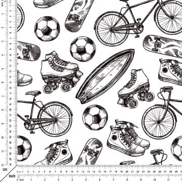 Siyah Beyaz El Çizimi Spor Aktiviteleri Desenli Kumaş
