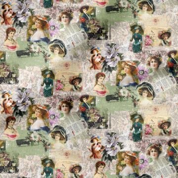 Eskitme Zeminli Vintage Kadınlar Desenli Kumaş(SONBAHAR İNDİRİMİ)