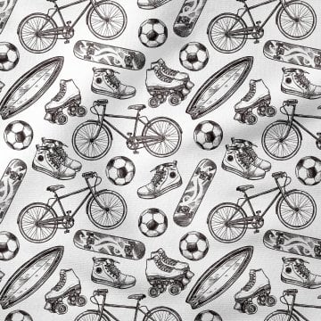 Siyah Beyaz El Çizimi Spor Aktiviteleri Desenli Kumaş