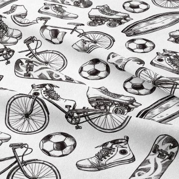 Siyah Beyaz El Çizimi Spor Aktiviteleri Desenli Kumaş
