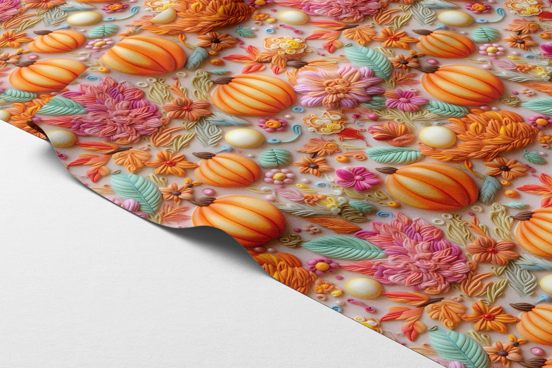 3D Kabak Çiçekli Dijital Baskı Polyester Kumaş – Sonbahar Temalı Dekoratif Kumaş